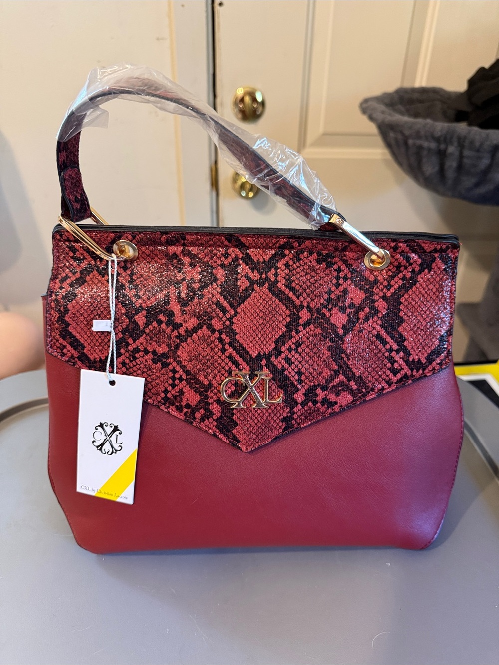 Red Snake-Print Top-Handle Satchel - Brand: Christian Lacroix